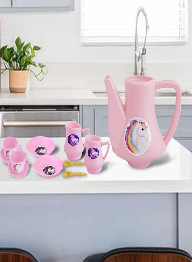 VGRASSP Plastic Tea Party Pretend Play Kitchen Coffee Set 15 Pc - Toy Pot, Cups, Saucers, Kettle, Milk Pots & Spoons Fun Learning Playset - Multicolor (Color As Per Stock) - Image 2